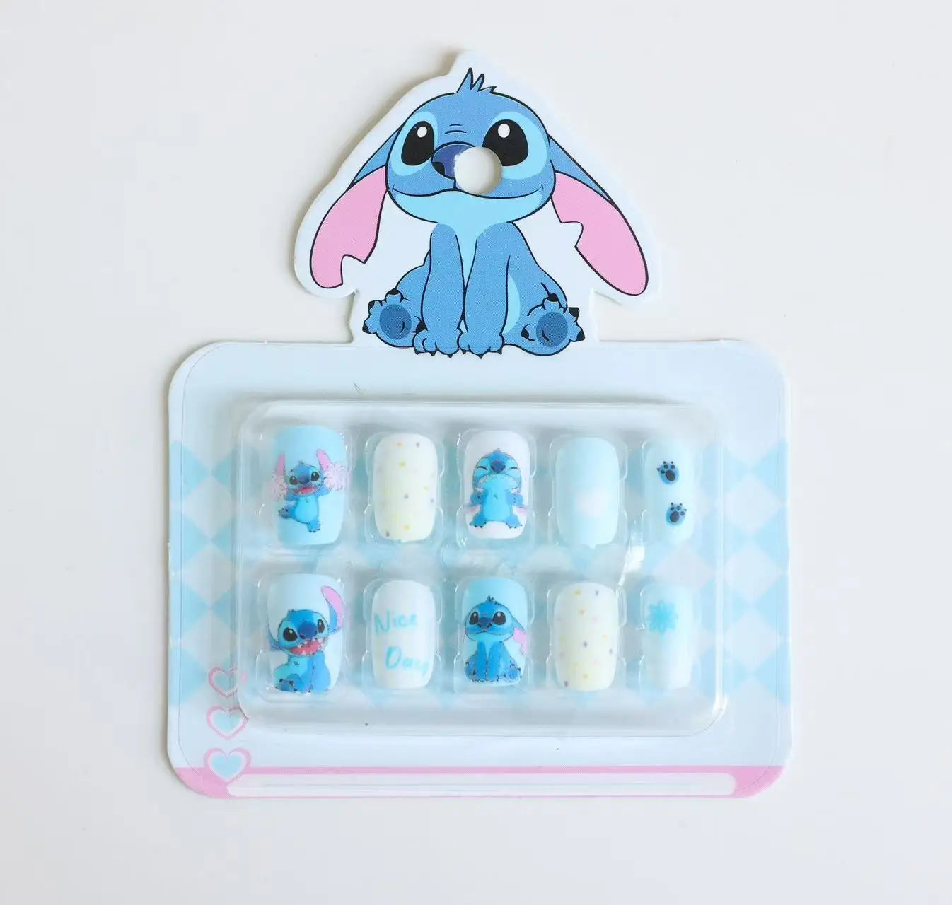 Dicas de unhas postiças infantis do Stitch da Disney, desenho animado, unhas postiças removíveis e fofas de anime para meninas, presente de Natal para crianças