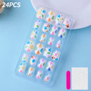 24 Pçs/caixa Unhas infantis para meninas, padrão de desenho animado, unhas postiças fofas para crianças, pontas de unhas falsas kawaii acrílicas artificiais de pressão na unha + ferramenta