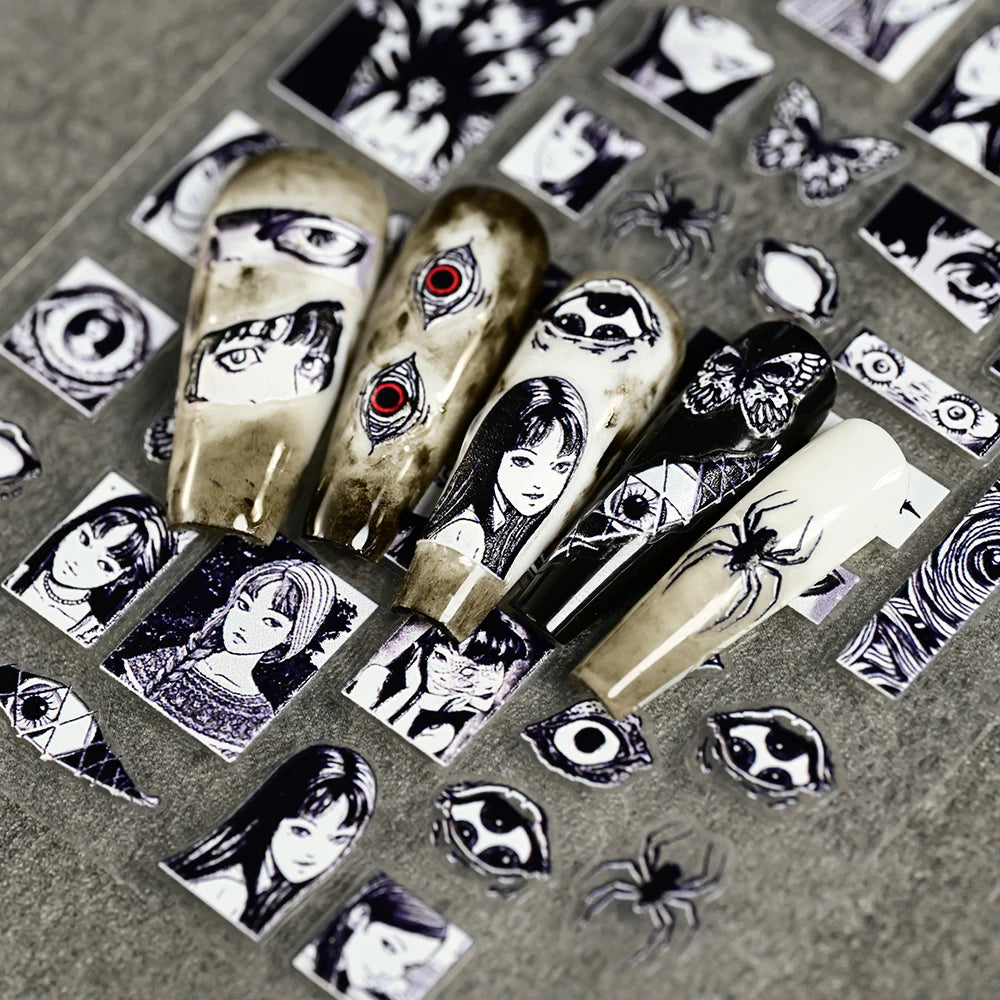 Adesivo de Unha 5D em Relevo para Halloween, Estilo Horror Japonês, Desenhos de Meninas, Aranha/Olhos, Decalques de Unhas de Personagens de Anime