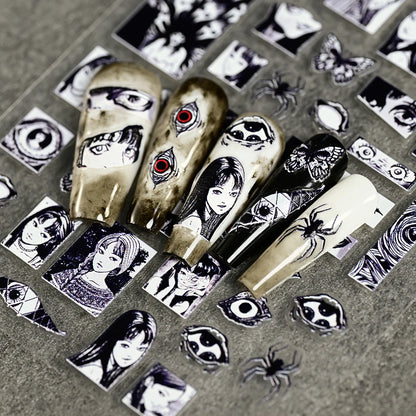 Adesivo de Unha 5D em Relevo para Halloween, Estilo Horror Japonês, Desenhos de Meninas, Aranha/Olhos, Decalques de Unhas de Personagens de Anime
