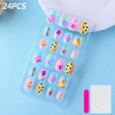24 Pçs/caixa Unhas infantis para meninas, padrão de desenho animado, unhas postiças fofas para crianças, pontas de unhas falsas kawaii acrílicas artificiais de pressão na unha + ferramenta