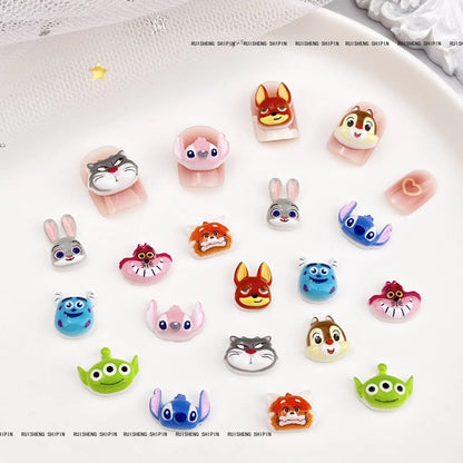 Kit com 50 Peças — Charms de Resina para Unhas Stitch, Zootopia, Sullivan, Chip & Dale | Decoração Kawaii para Manicure