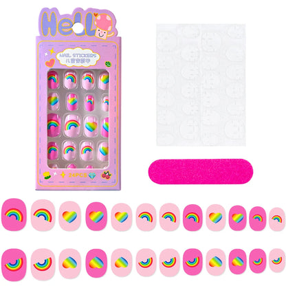 24 Pçs/caixa Unhas infantis para meninas, padrão de desenho animado, unhas postiças fofas para crianças, pontas de unhas falsas kawaii acrílicas artificiais de pressão na unha + ferramenta