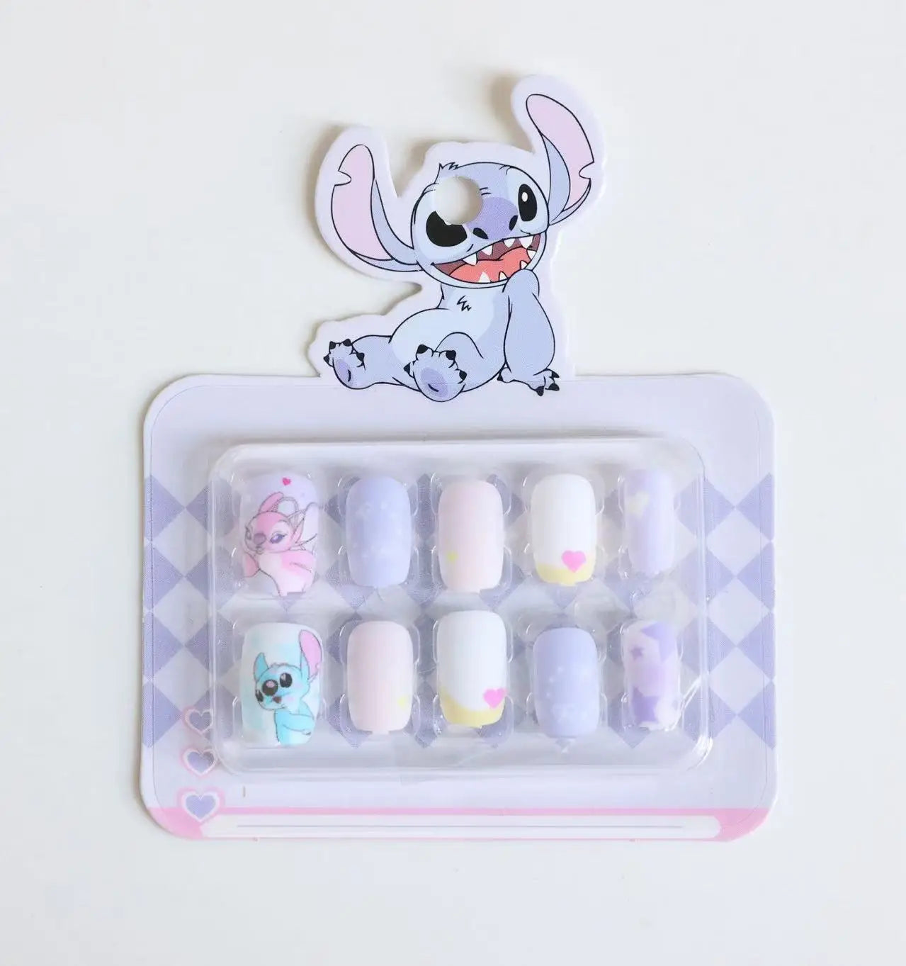 Dicas de unhas postiças infantis do Stitch da Disney, desenho animado, unhas postiças removíveis e fofas de anime para meninas, presente de Natal para crianças
