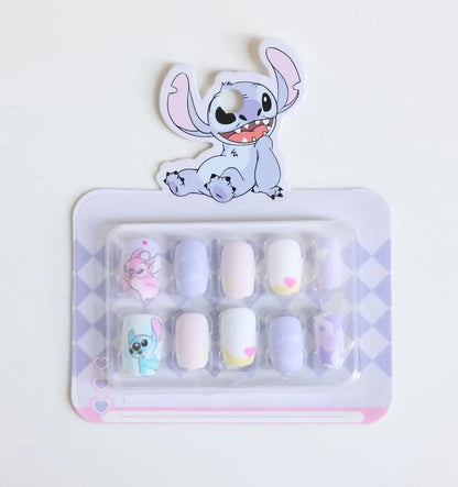 Dicas de unhas postiças infantis do Stitch da Disney, desenho animado, unhas postiças removíveis e fofas de anime para meninas, presente de Natal para crianças