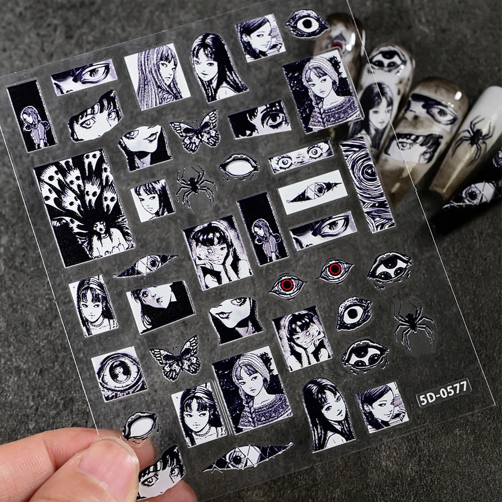 Adesivo de Unha 5D em Relevo para Halloween, Estilo Horror Japonês, Desenhos de Meninas, Aranha/Olhos, Decalques de Unhas de Personagens de Anime