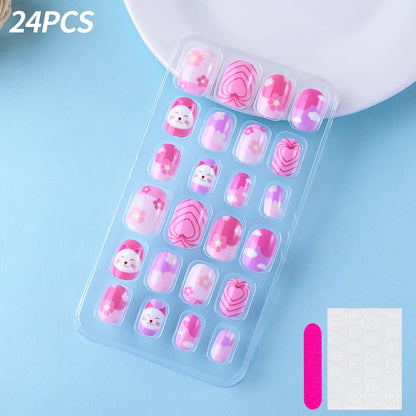 24 Pçs/caixa Unhas infantis para meninas, padrão de desenho animado, unhas postiças fofas para crianças, pontas de unhas falsas kawaii acrílicas artificiais de pressão na unha + ferramenta