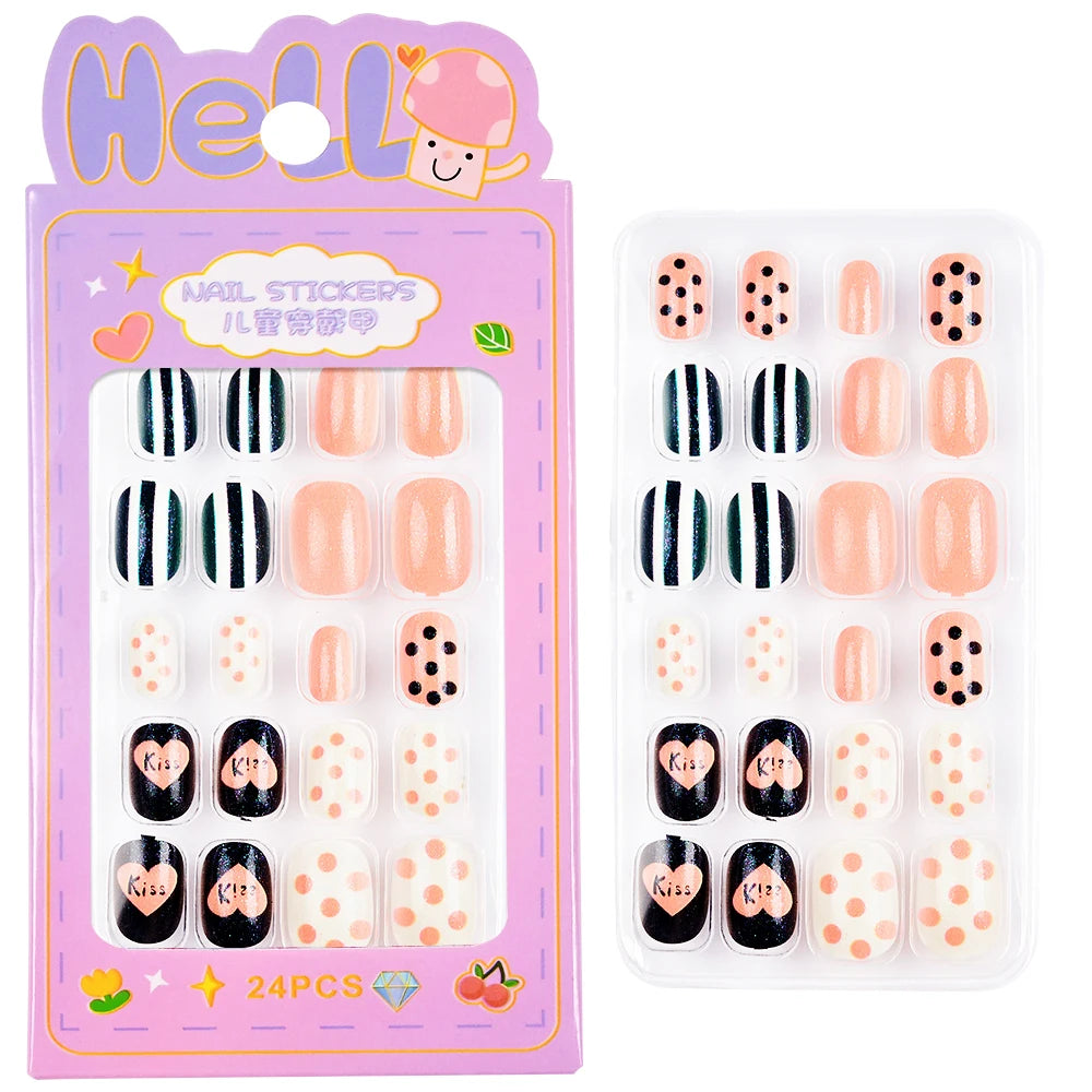 24 Pçs/caixa Unhas infantis para meninas, padrão de desenho animado, unhas postiças fofas para crianças, pontas de unhas falsas kawaii acrílicas artificiais de pressão na unha + ferramenta