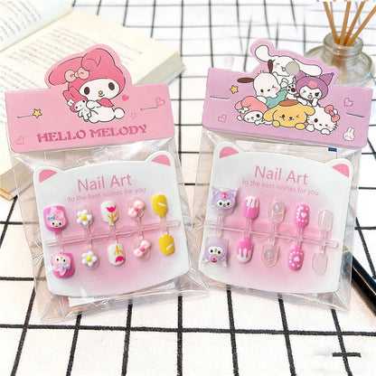 Unhas Postiças Infantis Sanrio, Desenho Animado Fofo Kuromi Hello Kitty, Unhas Falsas para Bebês, Presente para Meninas, Brinquedos, Pontas de Unha para Meninas