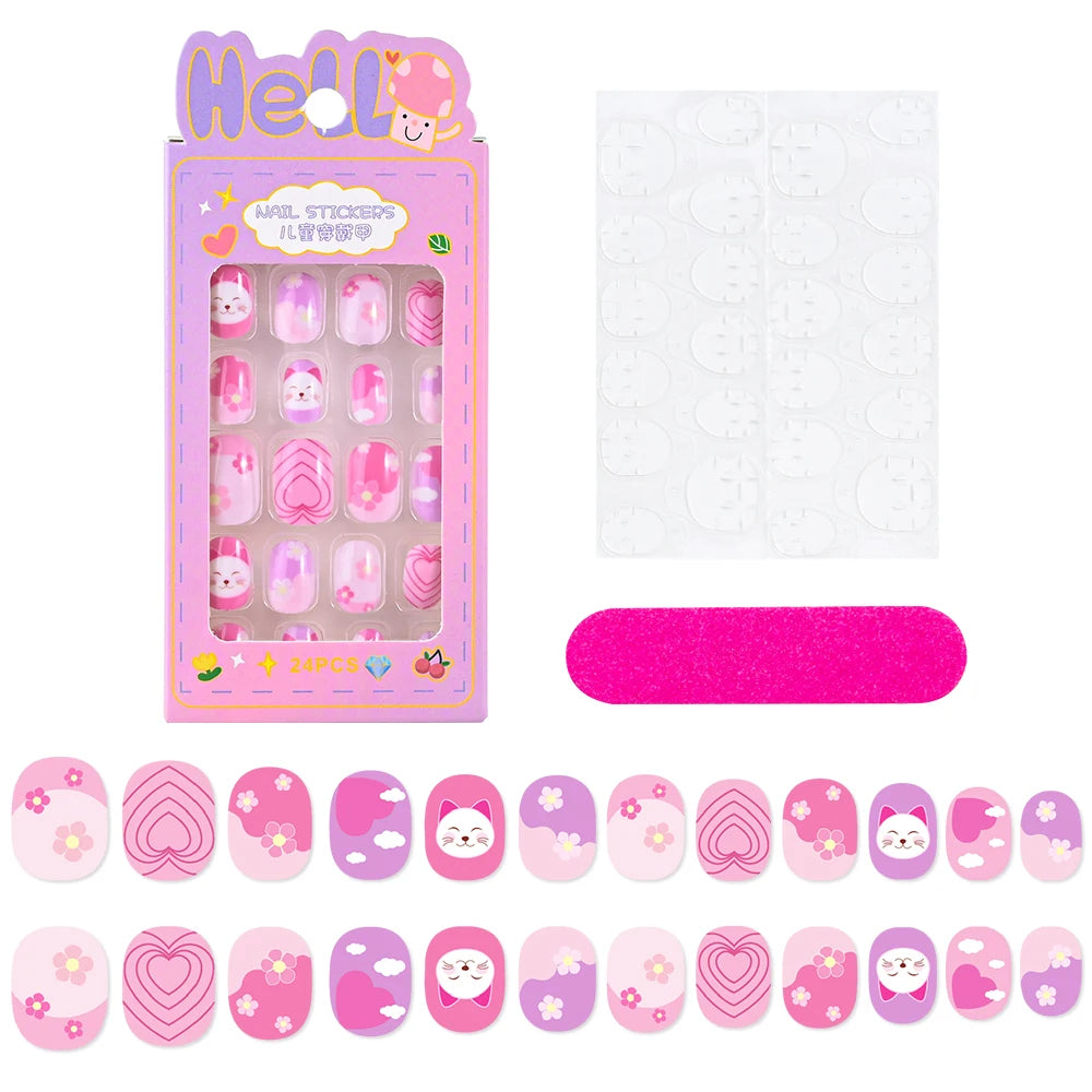 24 Pçs/caixa Unhas infantis para meninas, padrão de desenho animado, unhas postiças fofas para crianças, pontas de unhas falsas kawaii acrílicas artificiais de pressão na unha + ferramenta