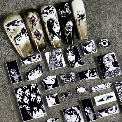 Adesivo de Unha 5D em Relevo para Halloween, Estilo Horror Japonês, Desenhos de Meninas, Aranha/Olhos, Decalques de Unhas de Personagens de Anime
