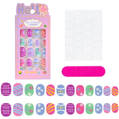 24 Pçs/caixa Unhas infantis para meninas, padrão de desenho animado, unhas postiças fofas para crianças, pontas de unhas falsas kawaii acrílicas artificiais de pressão na unha + ferramenta