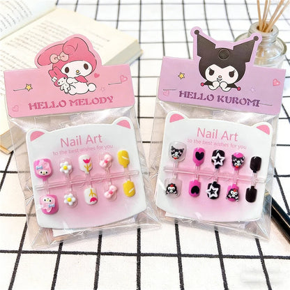 Unhas Postiças Infantis Sanrio, Desenho Animado Fofo Kuromi Hello Kitty, Unhas Falsas para Bebês, Presente para Meninas, Brinquedos, Pontas de Unha para Meninas