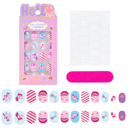 24 Pçs/caixa Unhas infantis para meninas, padrão de desenho animado, unhas postiças fofas para crianças, pontas de unhas falsas kawaii acrílicas artificiais de pressão na unha + ferramenta