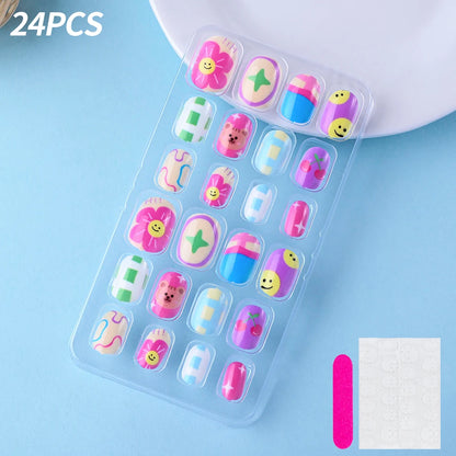 24 Pçs/caixa Unhas infantis para meninas, padrão de desenho animado, unhas postiças fofas para crianças, pontas de unhas falsas kawaii acrílicas artificiais de pressão na unha + ferramenta