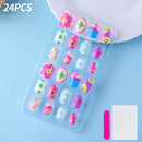 24 Pçs/caixa Unhas infantis para meninas, padrão de desenho animado, unhas postiças fofas para crianças, pontas de unhas falsas kawaii acrílicas artificiais de pressão na unha + ferramenta