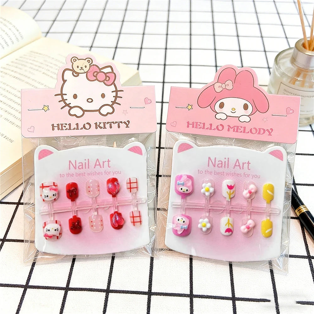 Unhas Postiças Infantis Sanrio, Desenho Animado Fofo Kuromi Hello Kitty, Unhas Falsas para Bebês, Presente para Meninas, Brinquedos, Pontas de Unha para Meninas