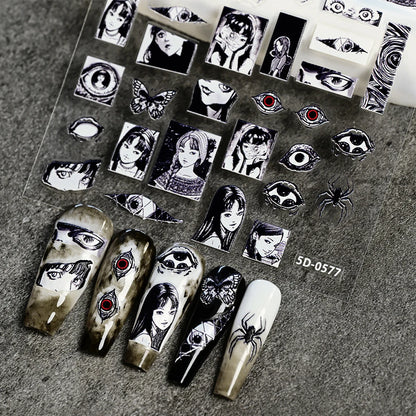 Adesivo de Unha 5D em Relevo para Halloween, Estilo Horror Japonês, Desenhos de Meninas, Aranha/Olhos, Decalques de Unhas de Personagens de Anime