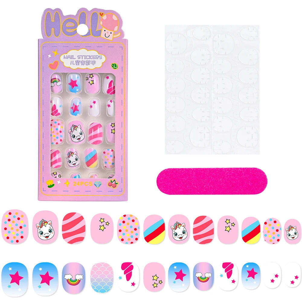 24 Pçs/caixa Unhas infantis para meninas, padrão de desenho animado, unhas postiças fofas para crianças, pontas de unhas falsas kawaii acrílicas artificiais de pressão na unha + ferramenta