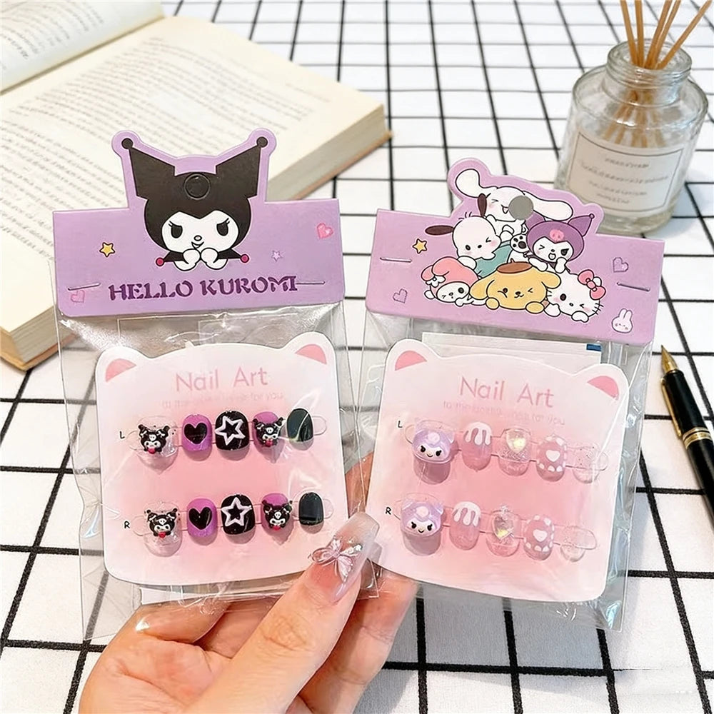 Unhas Postiças Infantis Sanrio, Desenho Animado Fofo Kuromi Hello Kitty, Unhas Falsas para Bebês, Presente para Meninas, Brinquedos, Pontas de Unha para Meninas