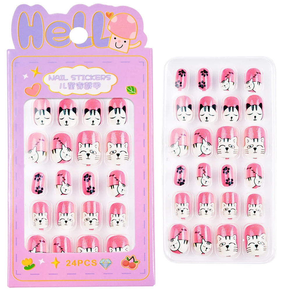 24 Pçs/caixa Unhas infantis para meninas, padrão de desenho animado, unhas postiças fofas para crianças, pontas de unhas falsas kawaii acrílicas artificiais de pressão na unha + ferramenta
