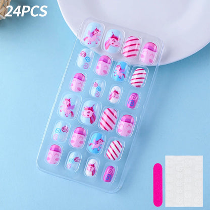 24 Pçs/caixa Unhas infantis para meninas, padrão de desenho animado, unhas postiças fofas para crianças, pontas de unhas falsas kawaii acrílicas artificiais de pressão na unha + ferramenta