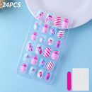 24 Pçs/caixa Unhas infantis para meninas, padrão de desenho animado, unhas postiças fofas para crianças, pontas de unhas falsas kawaii acrílicas artificiais de pressão na unha + ferramenta