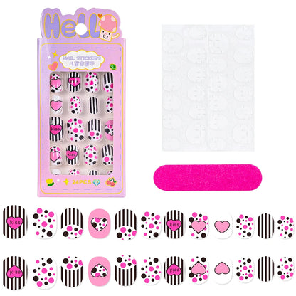 24 Pçs/caixa Unhas infantis para meninas, padrão de desenho animado, unhas postiças fofas para crianças, pontas de unhas falsas kawaii acrílicas artificiais de pressão na unha + ferramenta