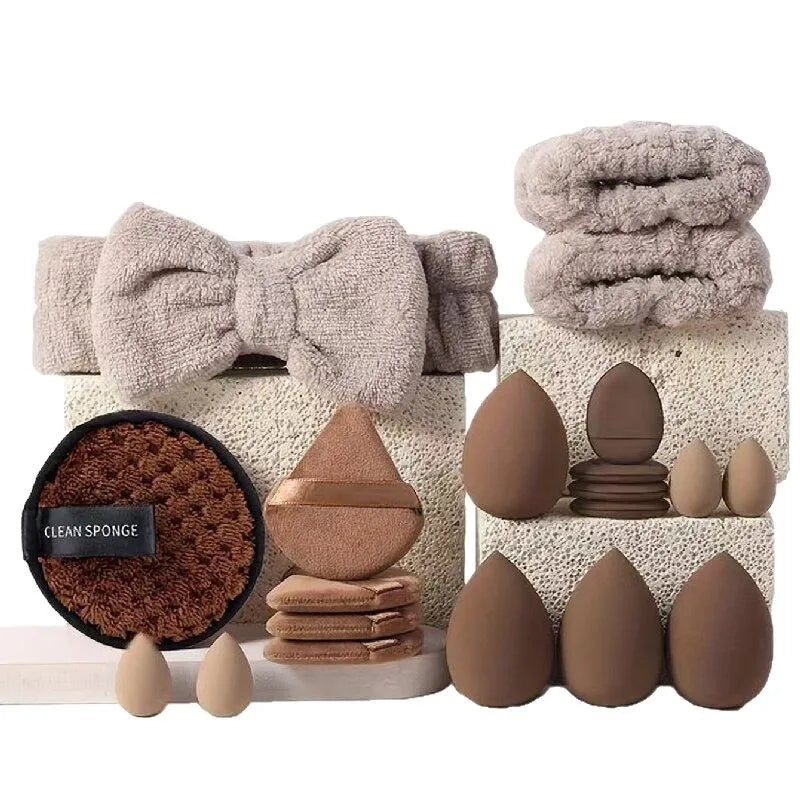 Conjunto de maquiagem de 33 peças, kit de beleza com esponjas de beleza grandes e pequenas para aplicação e remoção de maquiagem impecável, conjunto completo.