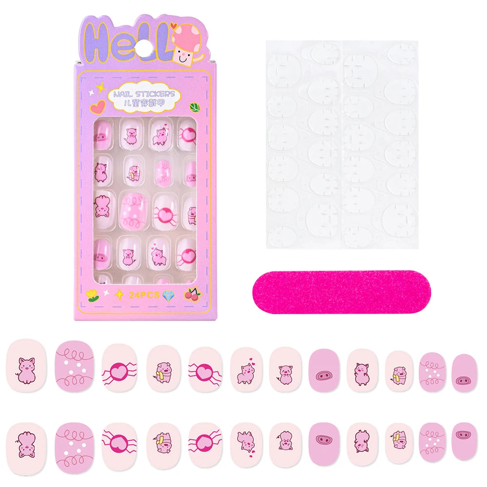 24 Pçs/caixa Unhas infantis para meninas, padrão de desenho animado, unhas postiças fofas para crianças, pontas de unhas falsas kawaii acrílicas artificiais de pressão na unha + ferramenta