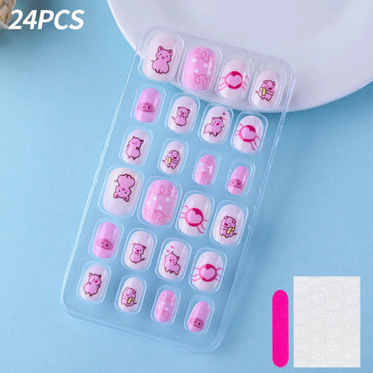 24 Pçs/caixa Unhas infantis para meninas, padrão de desenho animado, unhas postiças fofas para crianças, pontas de unhas falsas kawaii acrílicas artificiais de pressão na unha + ferramenta