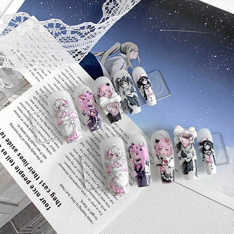 Kit com 10 Unhas Postiças Artesanais — Formato Caixão ABS | Estilo Maid Anime | Padrão Loli | Renda & Ballet