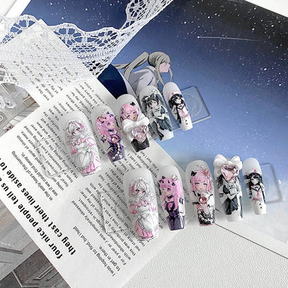 Kit com 10 Unhas Postiças Artesanais — Formato Caixão ABS | Estilo Maid Anime | Padrão Loli | Renda & Ballet