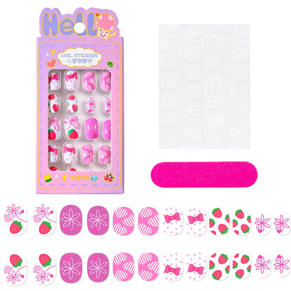 24 Pçs/caixa Unhas infantis para meninas, padrão de desenho animado, unhas postiças fofas para crianças, pontas de unhas falsas kawaii acrílicas artificiais de pressão na unha + ferramenta