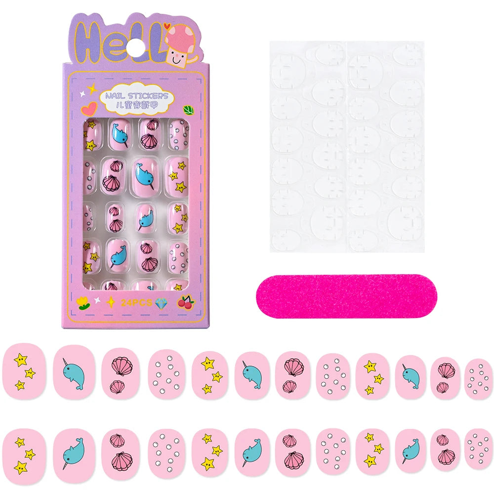 24 Pçs/caixa Unhas infantis para meninas, padrão de desenho animado, unhas postiças fofas para crianças, pontas de unhas falsas kawaii acrílicas artificiais de pressão na unha + ferramenta