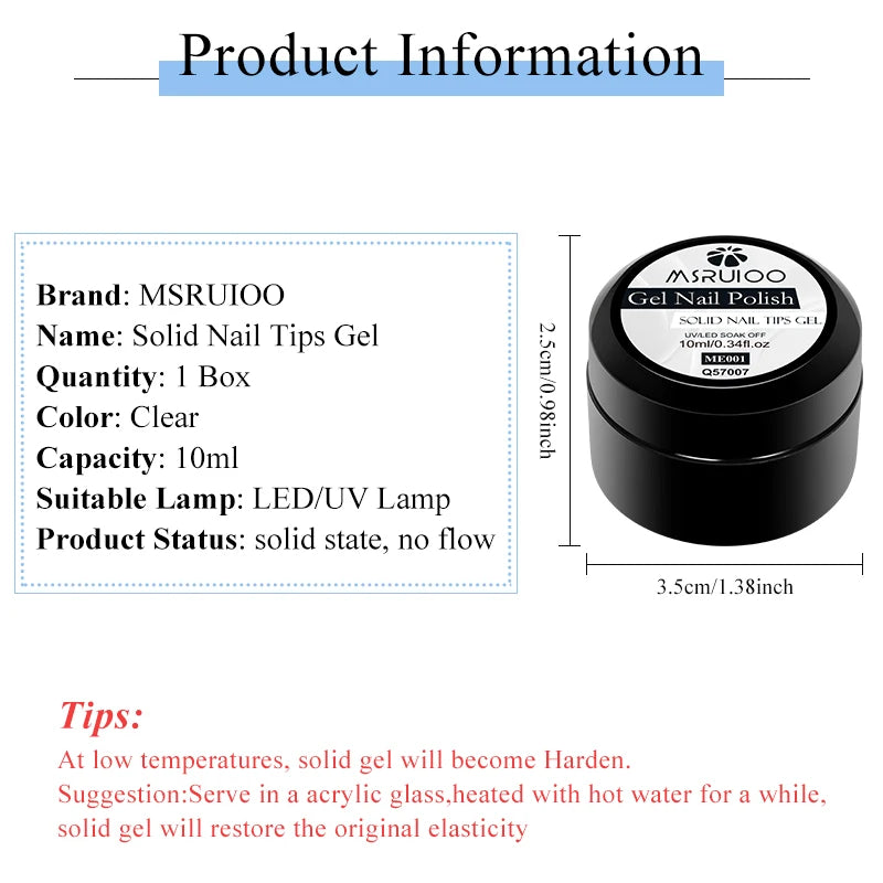 MSRUIOO 10ml Gel Sólido Transparente para Tips de Unhas de Longa Duração Sem Bolhas Gel de Construção UV/LED para Unhas Manicure de Salão Doméstico Design DIY