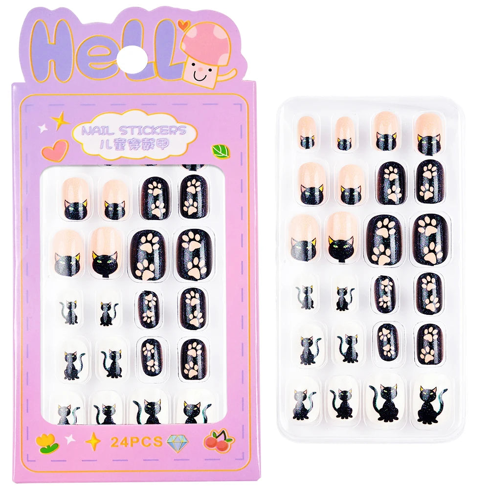 24 Pçs/caixa Unhas infantis para meninas, padrão de desenho animado, unhas postiças fofas para crianças, pontas de unhas falsas kawaii acrílicas artificiais de pressão na unha + ferramenta