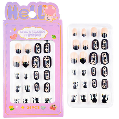 24 Pçs/caixa Unhas infantis para meninas, padrão de desenho animado, unhas postiças fofas para crianças, pontas de unhas falsas kawaii acrílicas artificiais de pressão na unha + ferramenta