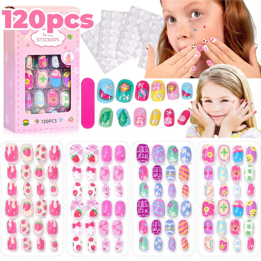 120 Unhas Postiças Infantis, Unhas de Acrílico com Desenhos Animados para Crianças, Unhas Curtas Kawaii para Meninas com Cobertura Total, Unhas Falsas com Cola de Gel#@