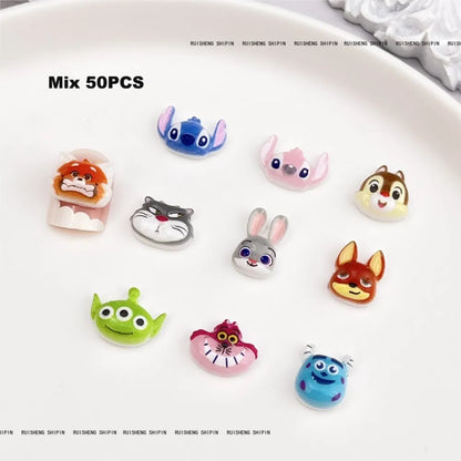 Kit com 50 Peças — Charms de Resina para Unhas Stitch, Zootopia, Sullivan, Chip & Dale | Decoração Kawaii para Manicure
