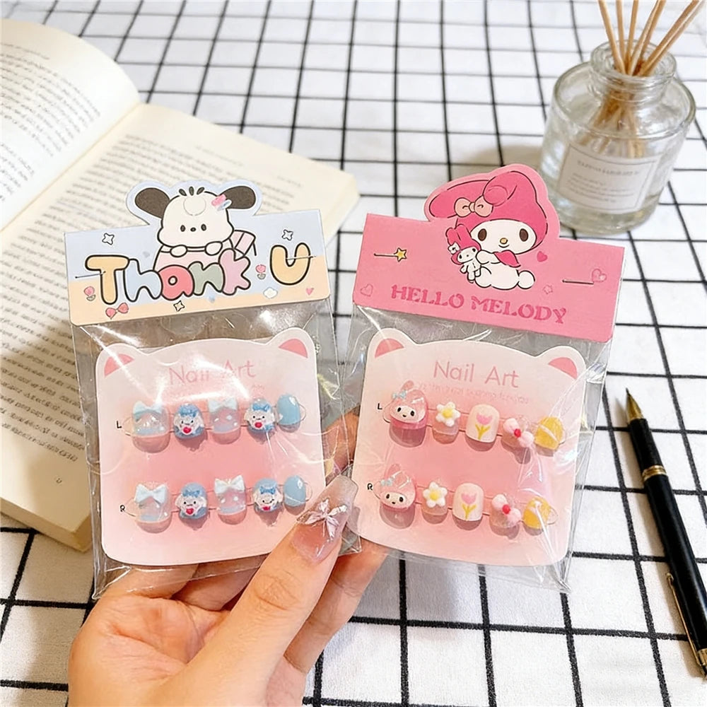 Unhas Postiças Infantis Sanrio, Desenho Animado Fofo Kuromi Hello Kitty, Unhas Falsas para Bebês, Presente para Meninas, Brinquedos, Pontas de Unha para Meninas