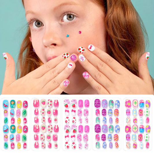 120 Unhas Postiças Infantis, Unhas de Acrílico com Desenhos Animados para Crianças, Unhas Curtas Kawaii para Meninas com Cobertura Total, Unhas Falsas com Cola de Gel#@