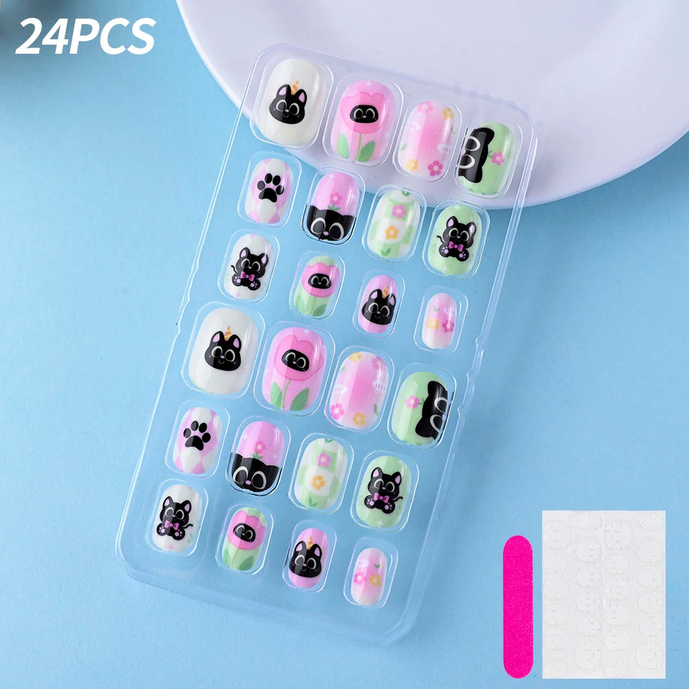24 Pçs/caixa Unhas infantis para meninas, padrão de desenho animado, unhas postiças fofas para crianças, pontas de unhas falsas kawaii acrílicas artificiais de pressão na unha + ferramenta