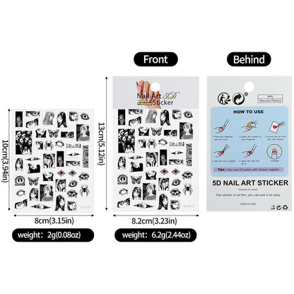 Adesivo de Unha 5D em Relevo para Halloween, Estilo Horror Japonês, Desenhos de Meninas, Aranha/Olhos, Decalques de Unhas de Personagens de Anime