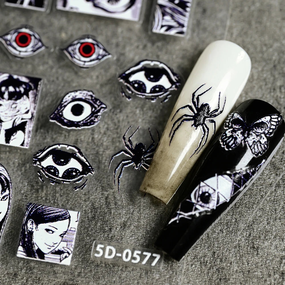 Adesivo de Unha 5D em Relevo para Halloween, Estilo Horror Japonês, Desenhos de Meninas, Aranha/Olhos, Decalques de Unhas de Personagens de Anime
