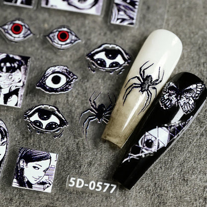Adesivo de Unha 5D em Relevo para Halloween, Estilo Horror Japonês, Desenhos de Meninas, Aranha/Olhos, Decalques de Unhas de Personagens de Anime