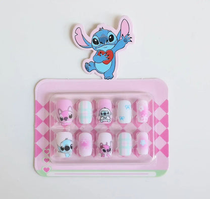 Dicas de unhas postiças infantis do Stitch da Disney, desenho animado, unhas postiças removíveis e fofas de anime para meninas, presente de Natal para crianças