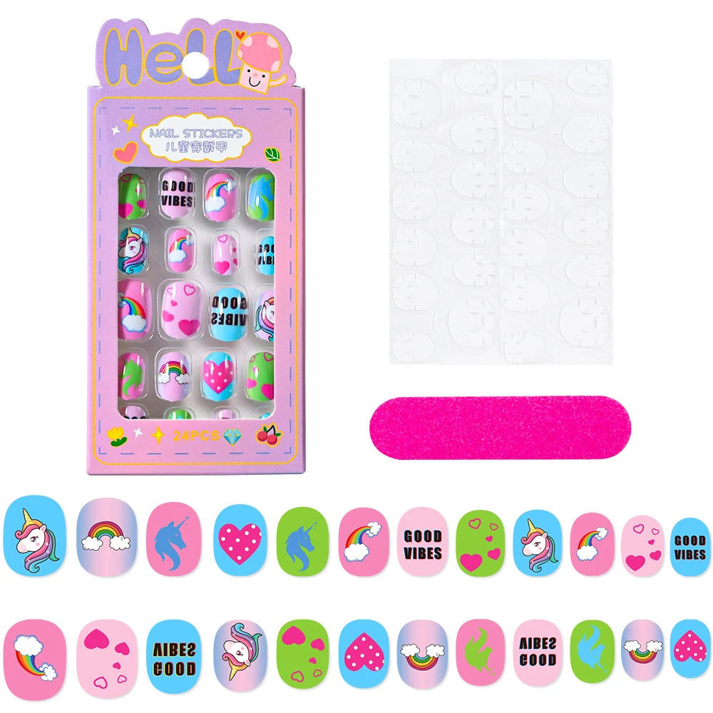 24 Pçs/caixa Unhas infantis para meninas, padrão de desenho animado, unhas postiças fofas para crianças, pontas de unhas falsas kawaii acrílicas artificiais de pressão na unha + ferramenta