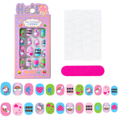 24 Pçs/caixa Unhas infantis para meninas, padrão de desenho animado, unhas postiças fofas para crianças, pontas de unhas falsas kawaii acrílicas artificiais de pressão na unha + ferramenta