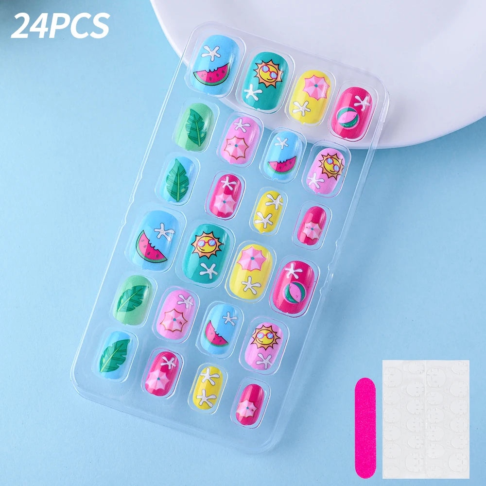 24 Pçs/caixa Unhas infantis para meninas, padrão de desenho animado, unhas postiças fofas para crianças, pontas de unhas falsas kawaii acrílicas artificiais de pressão na unha + ferramenta